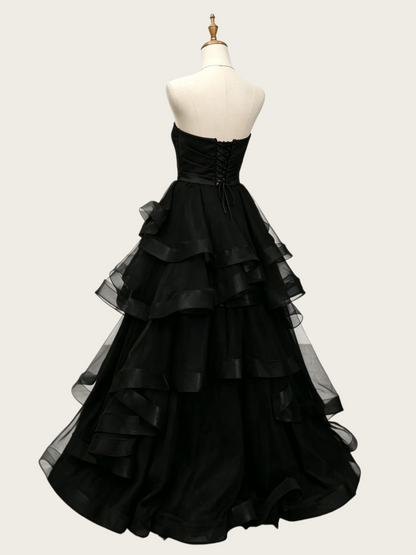 Strapless Black A Line Long Prom Dress Layered Tulle Evening Gown 2242