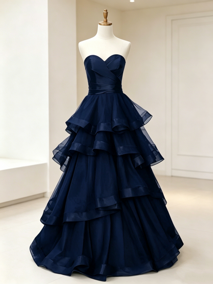 Strapless Black A Line Long Prom Dress Layered Tulle Evening Gown 2242