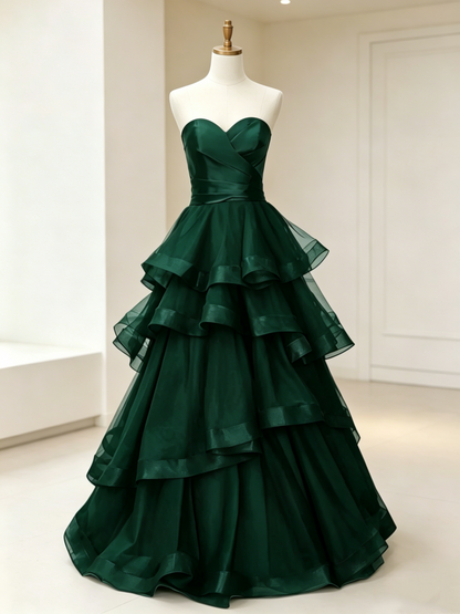 Strapless Black A Line Long Prom Dress Layered Tulle Evening Gown 2242