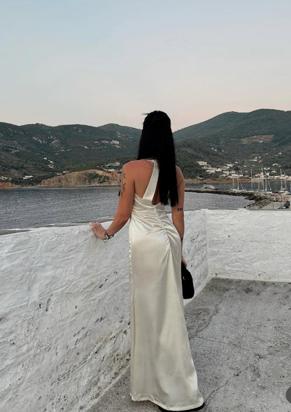 Robe de soirée longue sirène en satin ivoire J8013