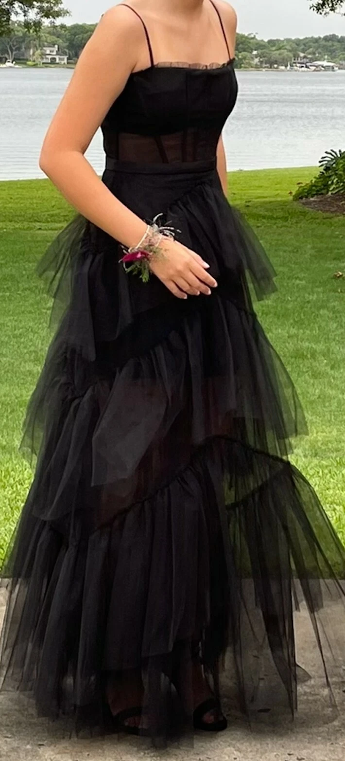 Spaghetti Straps Black A-Line Prom Dress Layered Evening Gown 2269