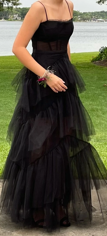 Spaghetti Straps Black A-Line Prom Dress Layered Evening Gown 2269