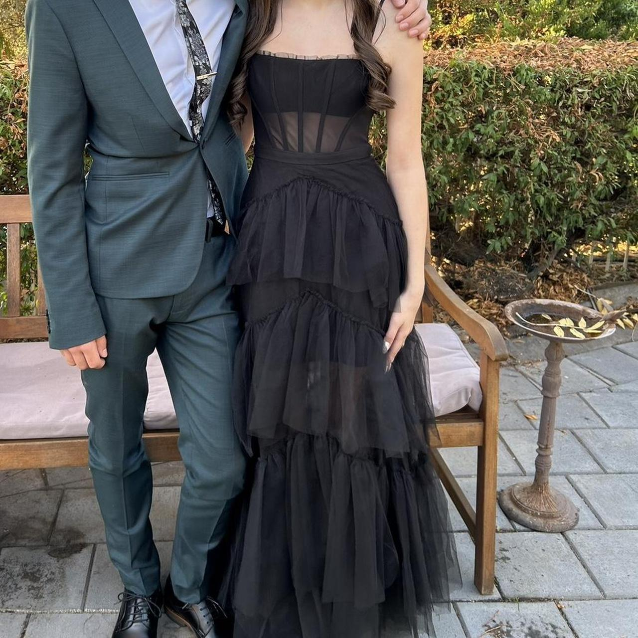 Spaghetti Straps Black A-Line Prom Dress Layered Evening Gown 2269