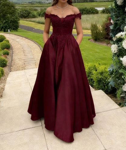 Off The Shoulder Emerald Green Prom Dress A Line Satin Formal Party Dress 2272