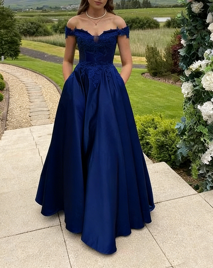 Off The Shoulder Emerald Green Prom Dress A Line Satin Formal Party Dress 2272