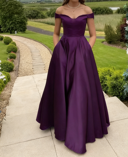 Off The Shoulder Emerald Green Prom Dress A Line Satin Formal Party Dress 2272