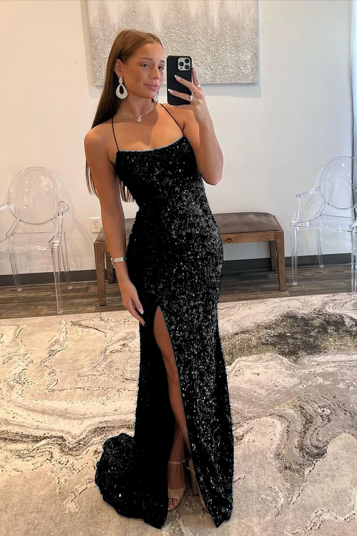 Navy Blue Sequin Sheath Long Prom Dresses Lace Up Back Evening Gown 2281