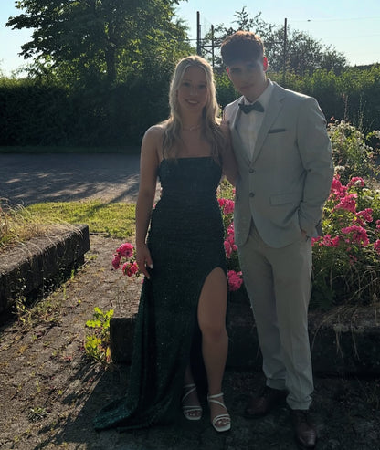Robe de soirée longue verte à bretelles spaghetti et paillettes J7863
