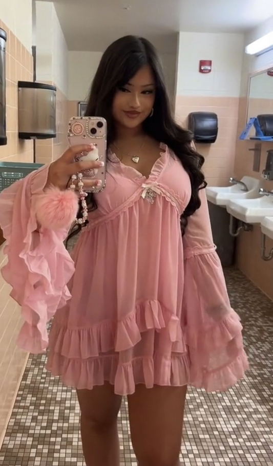 Robe courte rose à volants et manches longues, tenue d'été J8123