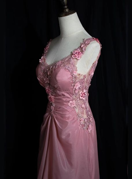 Robe de soirée longue rose dos nu à fleurs 3D, style vintage, J7890