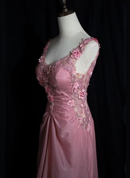 Robe de soirée longue rose dos nu à fleurs 3D, style vintage, J7890