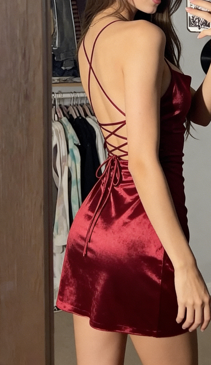 Robe de bal courte bordeaux à bretelles spaghetti, fourreau, en satin, robe de soirée 2304