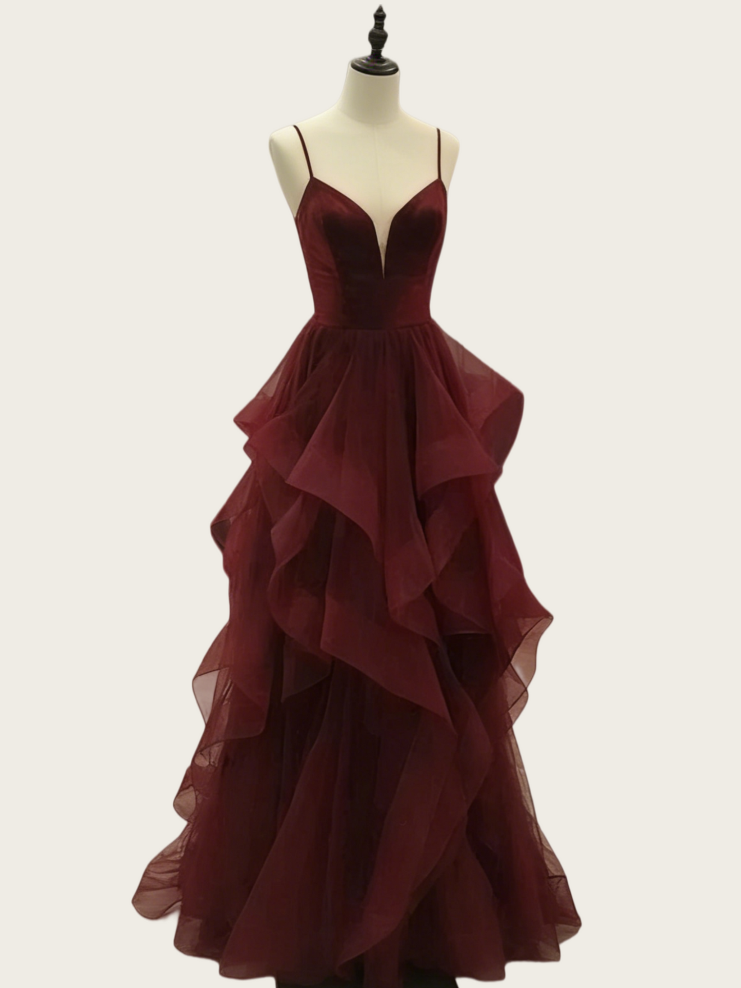 Spaghettiträger A-Linie Tüll Ballkleid Rüschen Burgunderrot Abendkleid 2312