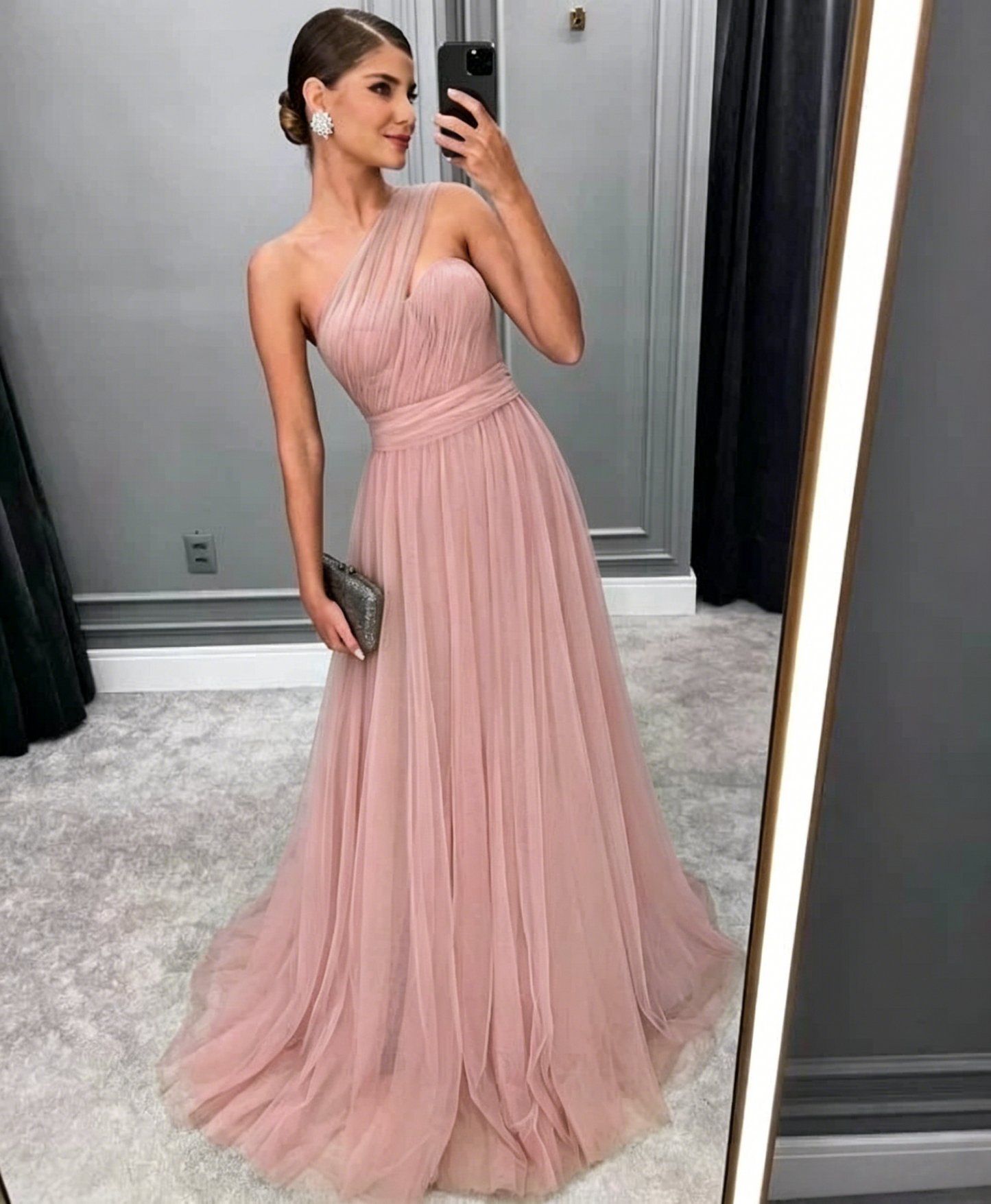 Green Long A Line Prom Dress Tulle Bridesmaid Dress 2367