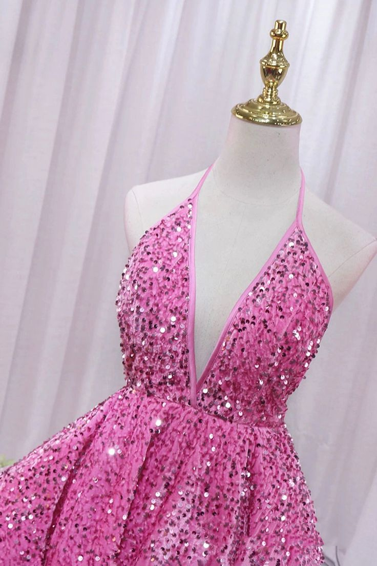 Sequins V Neck Homecoming Dresses A Line Short Pink Birthday Dress 2381