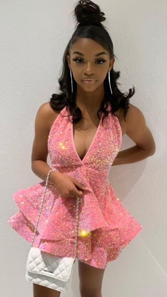 Sequins V Neck Homecoming Dresses A Line Short Pink Birthday Dress 2381