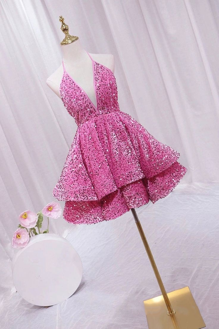 Sequins V Neck Homecoming Dresses A Line Short Pink Birthday Dress 2381