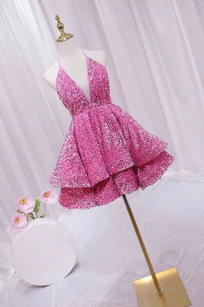 Sequins V Neck Homecoming Dresses A Line Short Pink Birthday Dress 2381