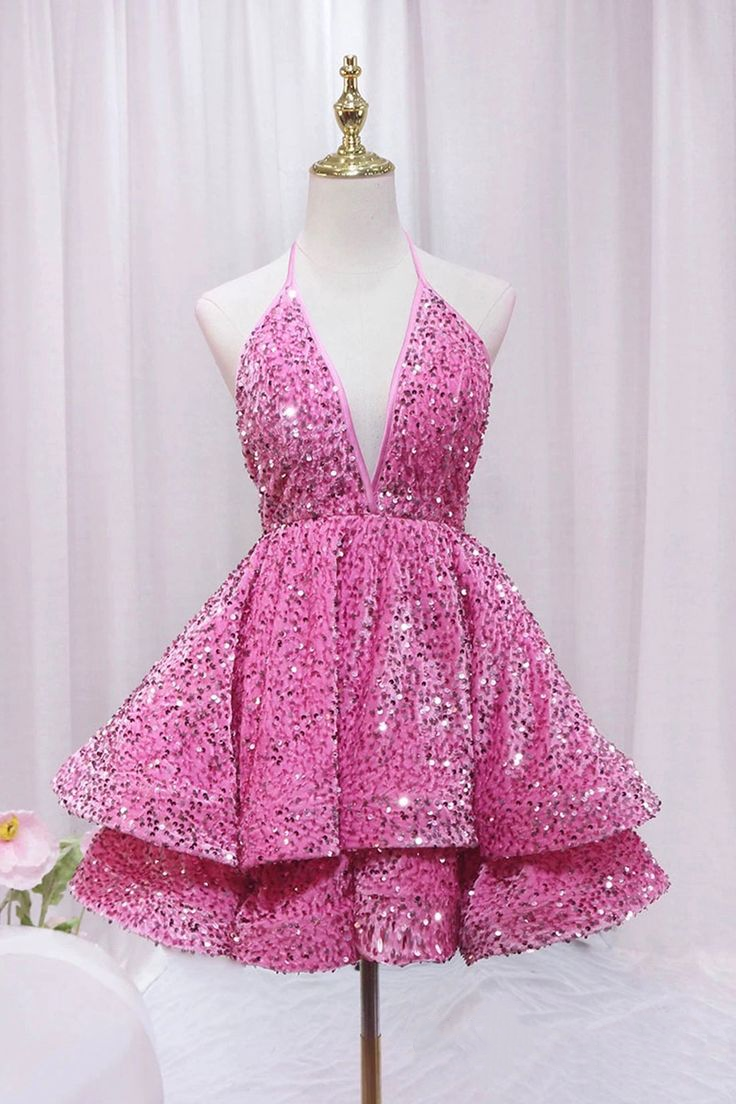 Sequins V Neck Homecoming Dresses A Line Short Pink Birthday Dress 2381