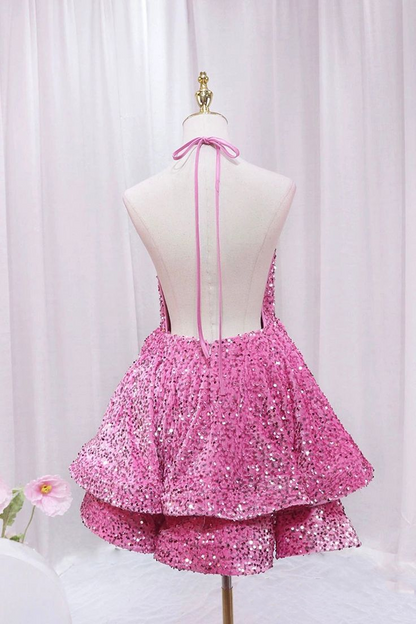 Sequins V Neck Homecoming Dresses A Line Short Pink Birthday Dress 2381