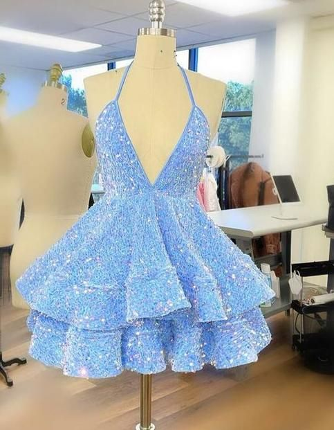 Sequins V Neck Homecoming Dresses A Line Short Pink Birthday Dress 2381