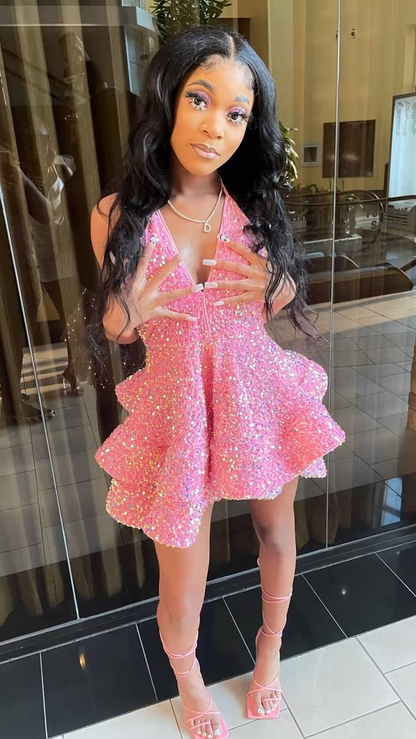 Sequins V Neck Homecoming Dresses A Line Short Pink Birthday Dress 2381
