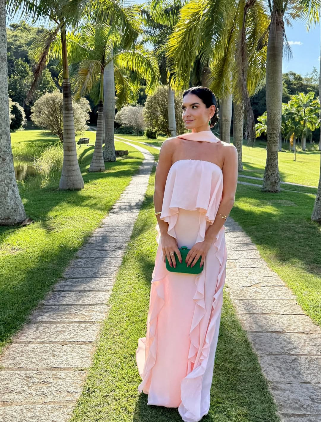 Strapless Pink Ruffle Prom Dress Chiffon Wedding Guest Dress J7022