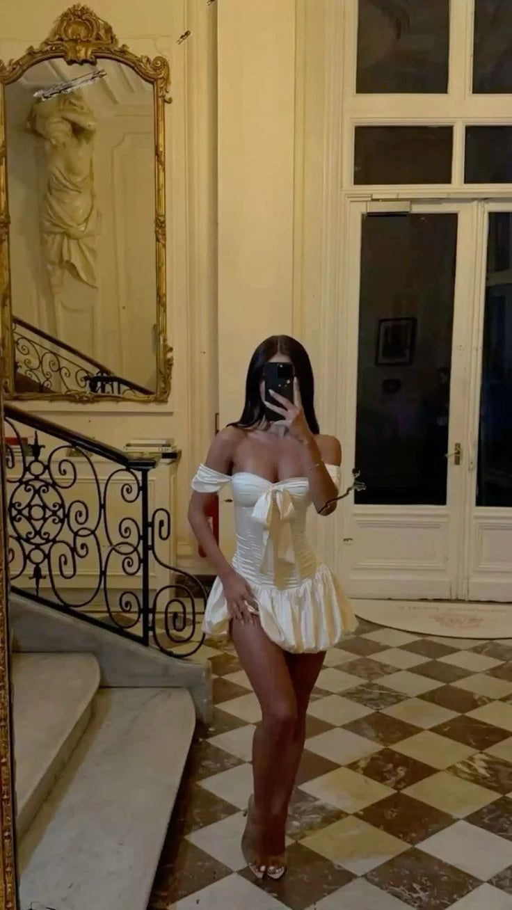 Robe de soirée trapèze blanche à épaules dénudées, tenue de remise de diplôme, d'anniversaire, J7285