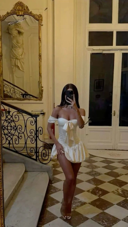 Robe de soirée trapèze blanche à épaules dénudées, tenue de remise de diplôme, d'anniversaire, J7285