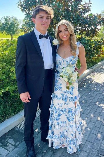 Blue Floral A Line Layered Long Prom Dress Sweet Formal Party Dress 2417