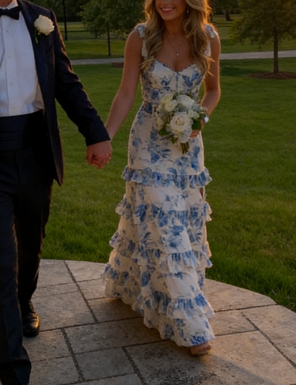 Blue Floral A Line Layered Long Prom Dress Sweet Formal Party Dress 2417