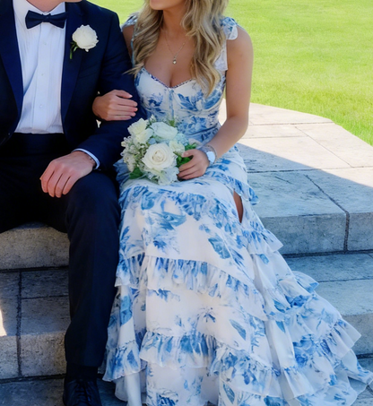 Blue Floral A Line Layered Long Prom Dress Sweet Formal Party Dress 2417