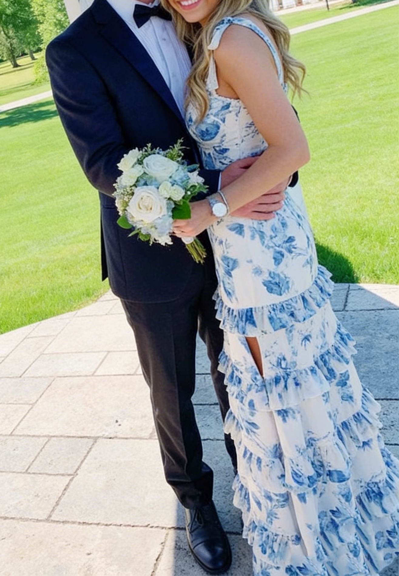 Blue Floral A Line Layered Long Prom Dress Sweet Formal Party Dress 2417