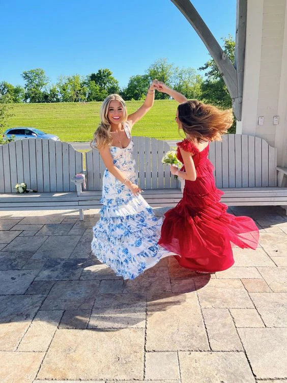 Blue Floral A Line Layered Long Prom Dress Sweet Formal Party Dress 2417