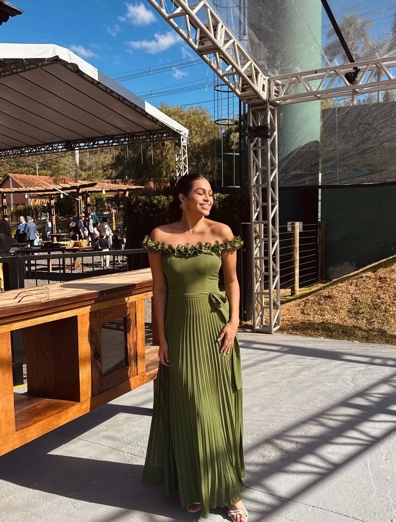 Robe de bal longue plissée en mousseline de soie, coupe trapèze, verte, pour invitée de mariage, J7928
