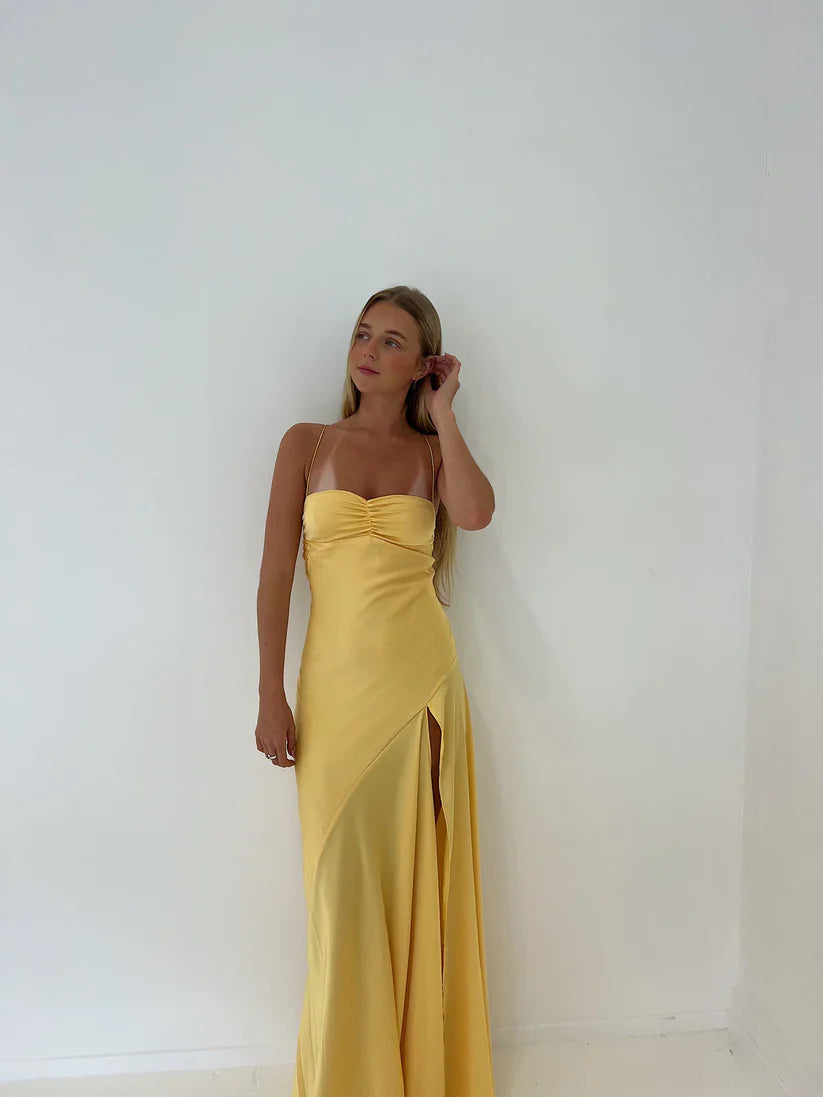 yellow spaghetti strap dress Spaghetti Straps Yellow Long Sheath Prom Dress With Slit 2453 – JulyProm