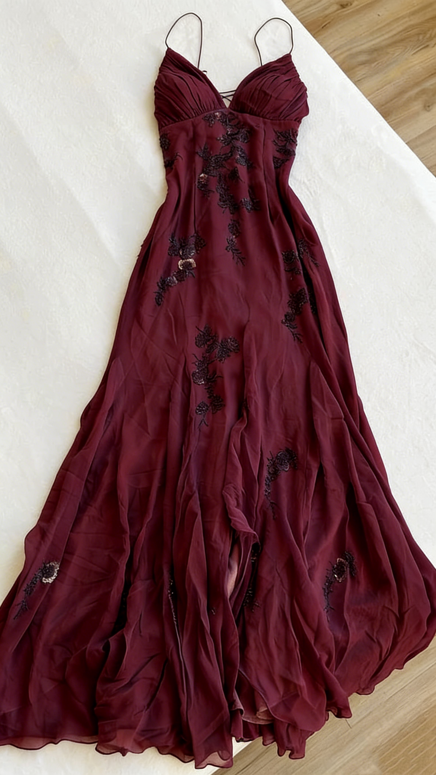 Spaghetti Straps Appliques A Line Long Prom Dresses 2491