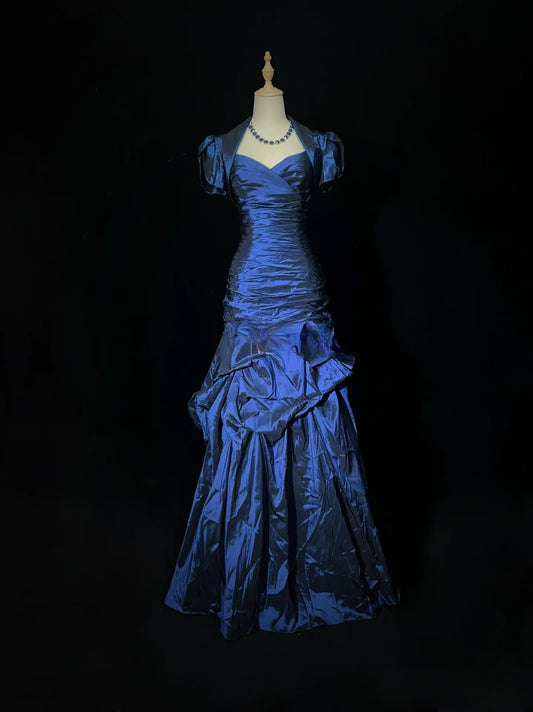 Blaues langes Ballkleid aus Satin, formelles Abendkleid, Partykleid J8420