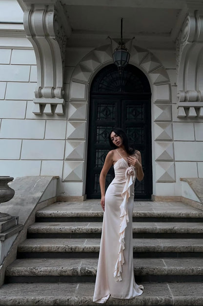 Spaghettiträger Etuikleid Langes Ballkleid Geburtstagskleid mit Rüschen J7851