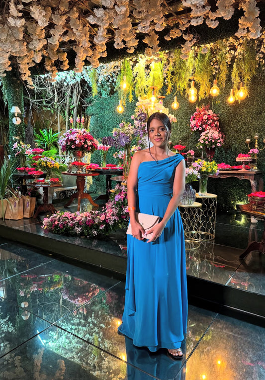 Robe de demoiselle d'honneur en mousseline de soie, asymétrique, bleue, coupe trapèze, J7943