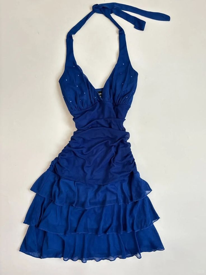 Robe de soirée élégante en mousseline de soie bleu roi à col licou J7743