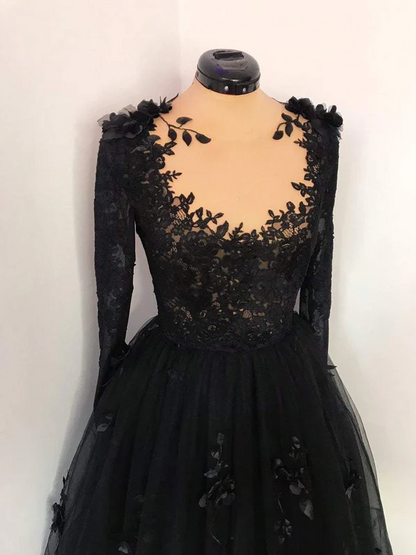 Black Lace Wedding Dress Long Sleeves Bridal Gown J8748