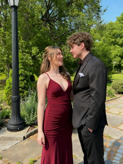 Robe de bal sirène bordeaux à col en V, longue et élégante, tenue de soirée 2503