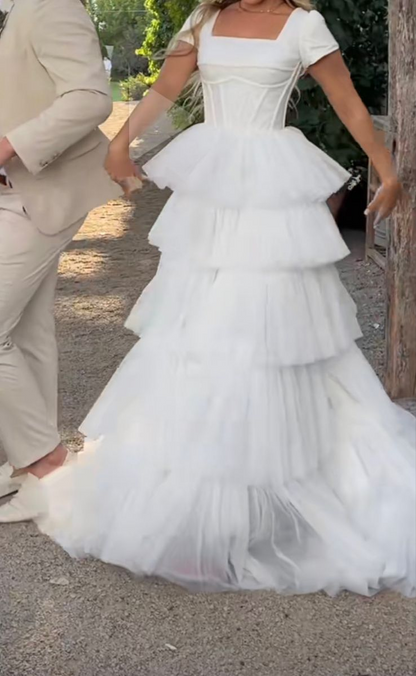 A Line White Tiered Long Wedding Dress Tulle Bridal Dress J8139
