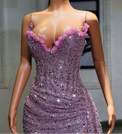 Purple High Split Evening Dresses Sequin Mermaid Prom Dresses J8307