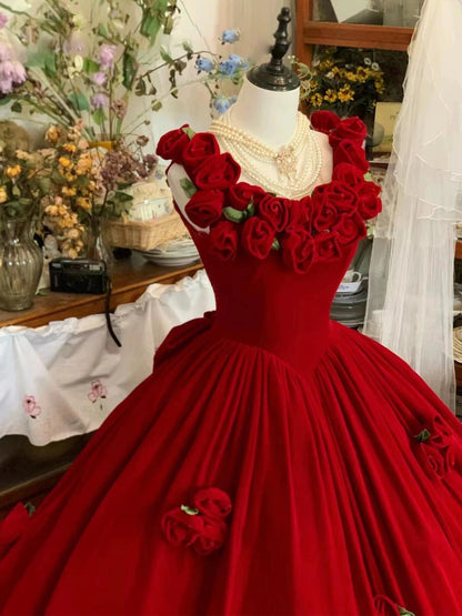 A Line Red 3d Flower Birthday Ball Gown Sweet 16 Birthday Dress J7721