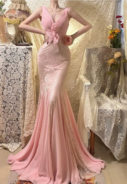 Robe de bal longue rose en mousseline de soie et dentelle à col en V, robe de soirée formelle J8771