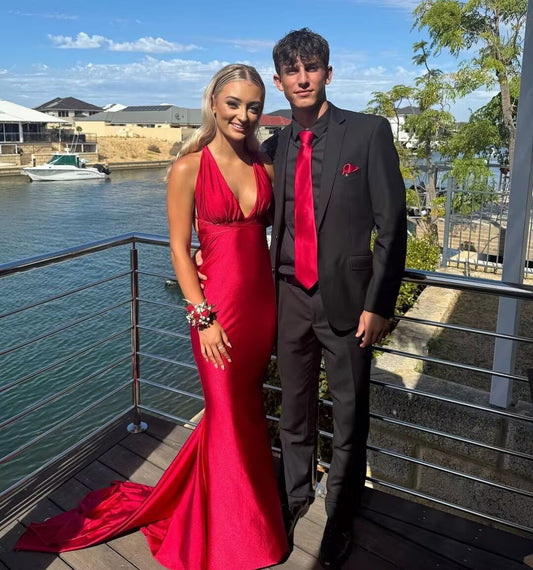 Red V Neck Mermaid Long Prom Dresses With Train J2720