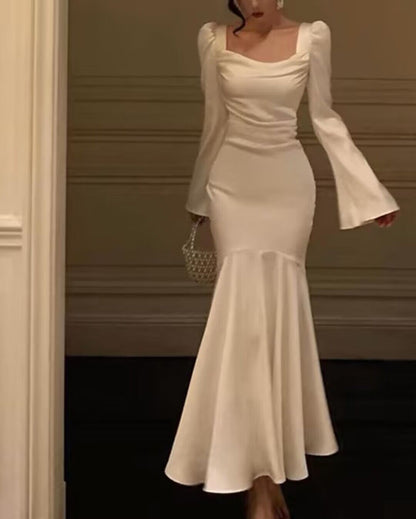 Robe de soirée sirène blanche à manches longues, élégante, J2721