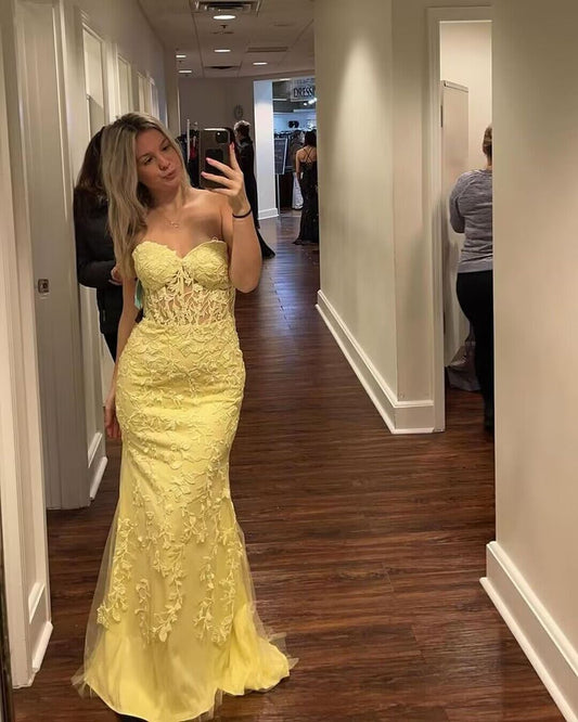 Strapless Yellow Tulle Mermaid Prom Dress With AppliqueJ2726